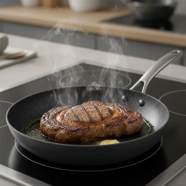 AnolonX pan perfectly searing a thick cut of steak with a golden-brown crust, steam rising. 
