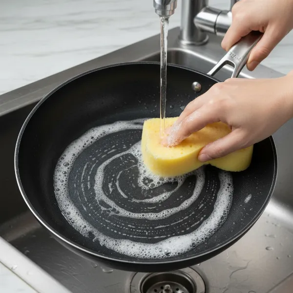 Person gently handwashing a T-fal Professional Non-Stick Pan with a soft sponge, emphasizing proper care for longevity.