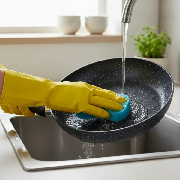 Hands gently washing a granite-coated non-stick pan with a soft sponge, emphasizing proper care.