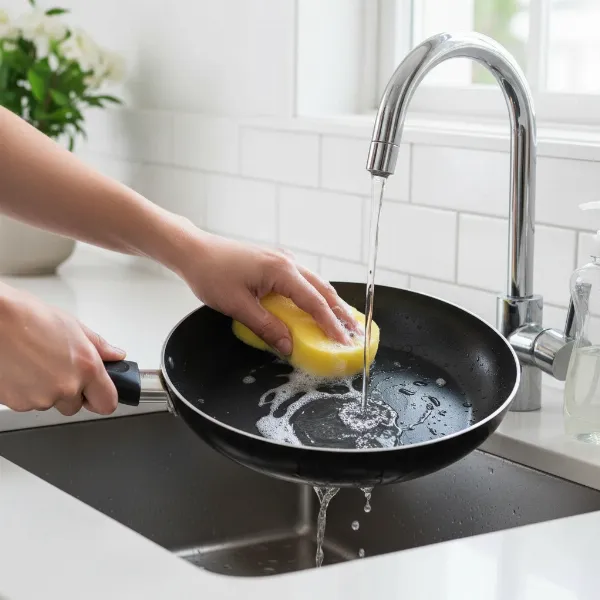 Hands gently washing a non-stick frying pan with a soft sponge and soapy water, illustrating proper cleaning and maintenance.