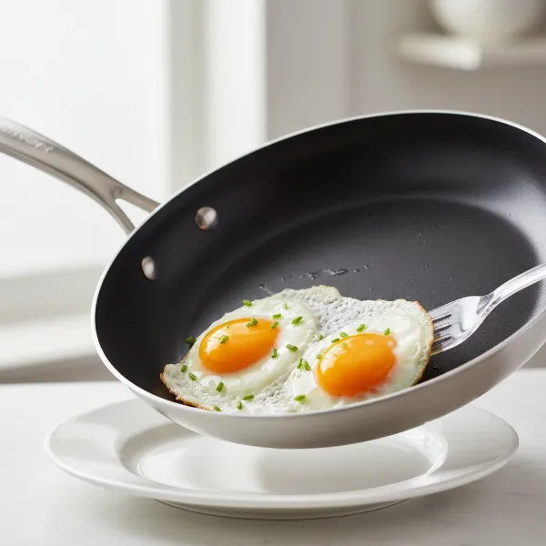 Perfectly cooked eggs sliding off a Cuisinart Chef's Classic non-stick pan