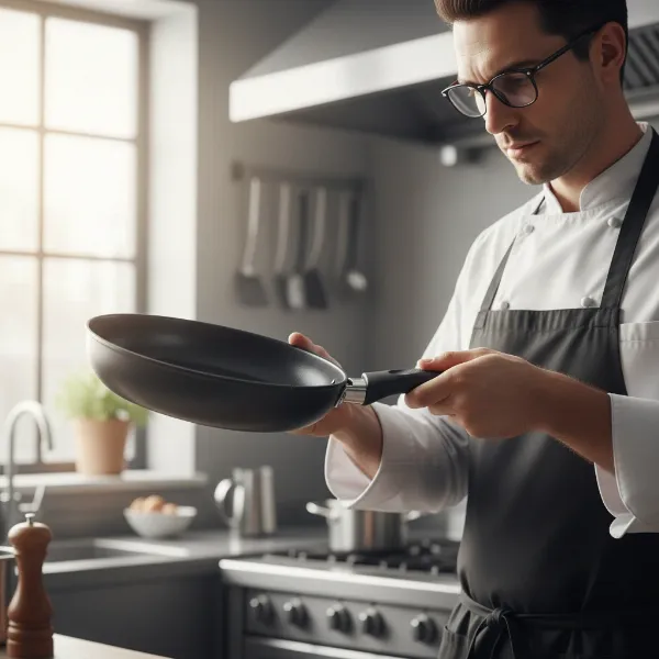A chef carefully examining a non-stick pan, highlighting factors like handle grip and pan surface.