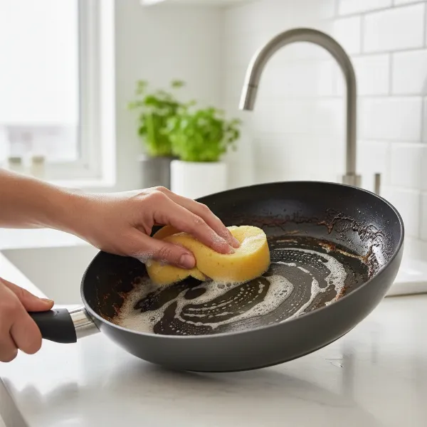 A person gently scrubbing a non-stick pan with a soft sponge after soaking, illustrating safe cleaning methods for burnt residue.