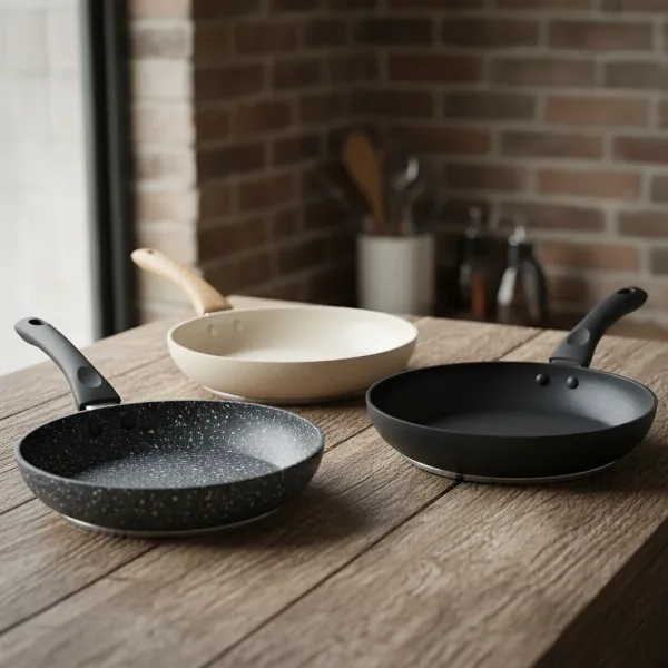 A visual comparison of different non-stick pans: granite, ceramic, and traditional PTFE, highlighting their surface textures and colors.