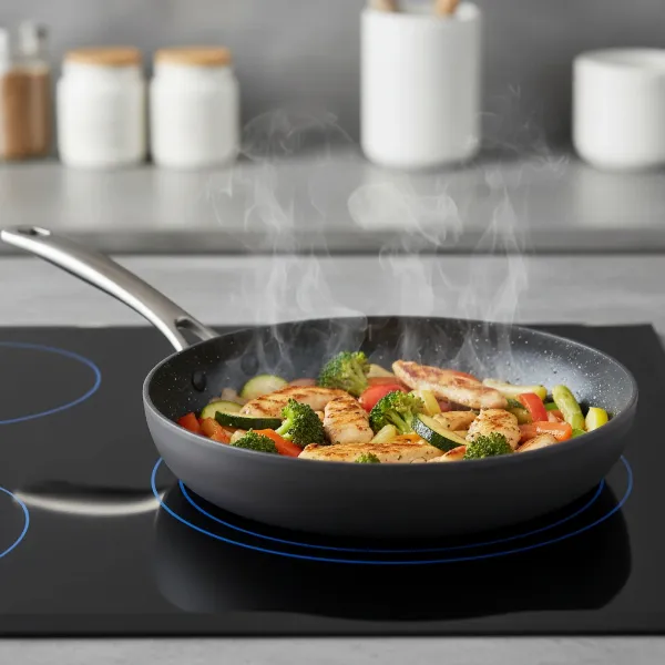 Cuisinart Chef's Classic non-stick pan on a stovetop with even heat distribution.