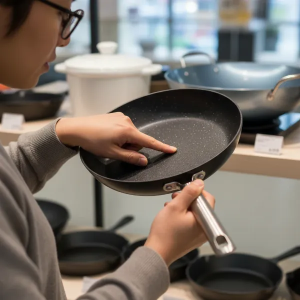A person inspecting a non-stick frying pan, checking the coating and handle, with various pan materials visible in the background, emphasizing durability and longevity.