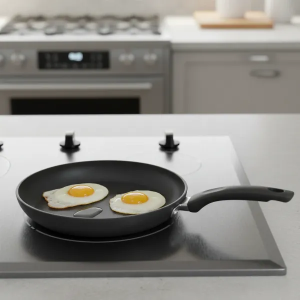 A Farberware Glide non-stick pan on a stovetop with eggs cooking, highlighting its smooth surface and easy food release.