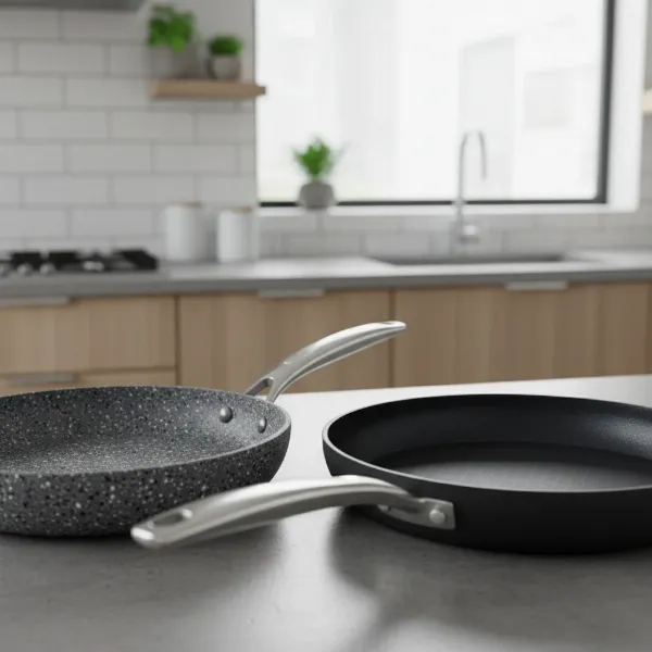 A side-by-side comparison of granite and diamond-coated non-stick pans on a kitchen counter, showcasing their unique textures and materials.