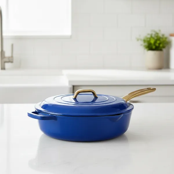 A vibrant Great Jones Large Fry pan in a modern kitchen setting, showcasing its unique color and stylish design.