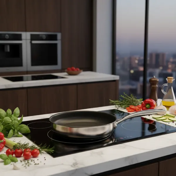 A sleek, high-end non-stick pan sitting on a modern induction stovetop in a luxurious gourmet kitchen setting, with fresh ingredients nearby.
