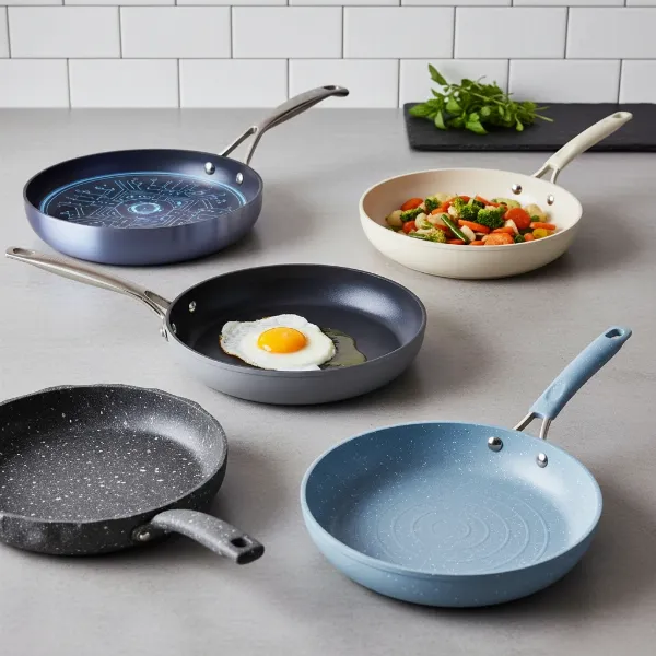 A collage showing different types of non-stick pans from Made In and general materials like ceramic, PTFE, and titanium, highlighting a professional kitchen setting.