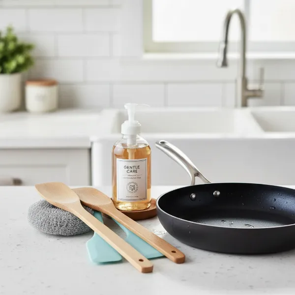 Various soft kitchen utensils (wood, silicone) and a soft sponge near a clean non-stick pan, emphasizing proper care.