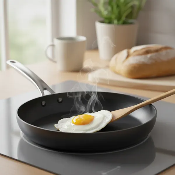 A modern non-stick pan on a stovetop, perfectly frying an egg with minimal oil, showcasing the non-stick property and healthy cooking.