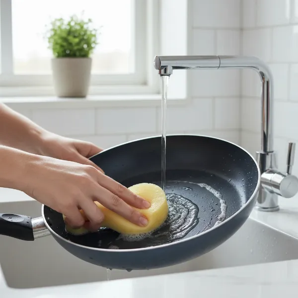 A person gently handwashing a non-stick pan with a soft sponge and dish soap.