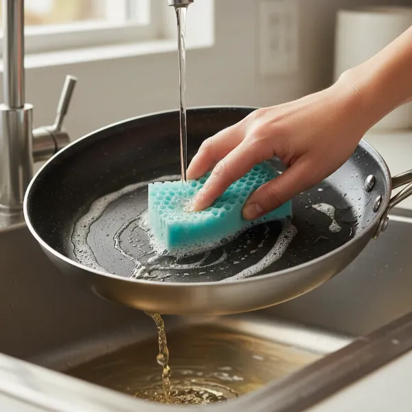 Hand washing a Cuisinart Chef's Classic non-stick pan with a soft sponge.