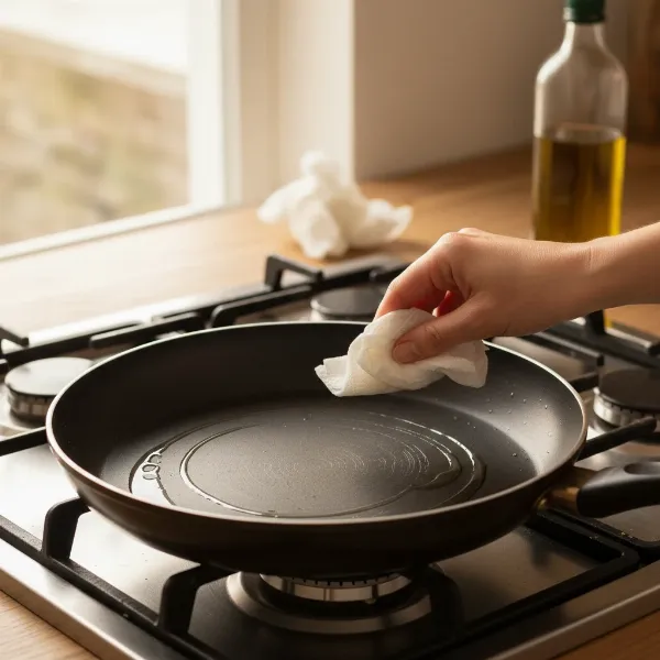 A person applying oil to a non-stick pan with a paper towel as part of a DIY restoration process.
