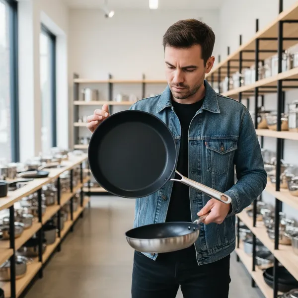 A person in a kitchen store thoughtfully examining different non-stick pans, touching the surfaces and checking handles, symbolizing the decision-making process.