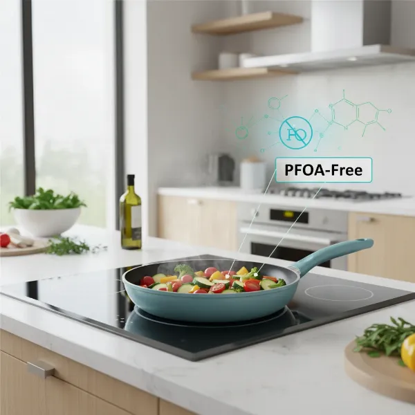 Illustration of a PFOA-free non-stick pan with healthy food, emphasizing its safety for health.