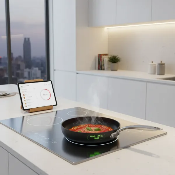 A sleek smart non-stick pan with temperature sensor on an induction cooktop, connected to a tablet displaying cooking data.