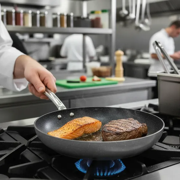 A chef using a Swiss Diamond pan to perfectly sear a piece of fish, demonstrating its cooking performance and versatility.