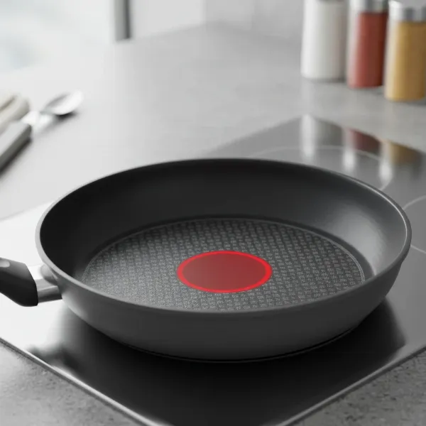 Close-up of a T-fal Professional Non-Stick Pan showing the Thermo-Spot indicator and reinforced non-stick coating, illustrating its key features in a modern kitchen setting.