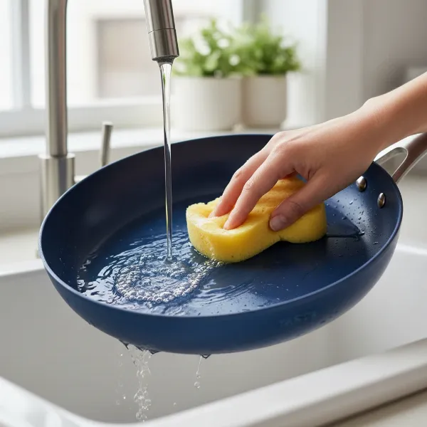 A hand gently washing a colorful Tasty non-stick pan with a sponge and soapy water, illustrating proper cleaning techniques.