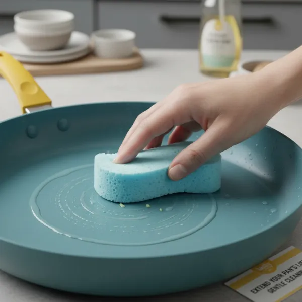 A Tasty ceramic non-stick pan being gently cleaned with a soft sponge, illustrating proper care for durability.