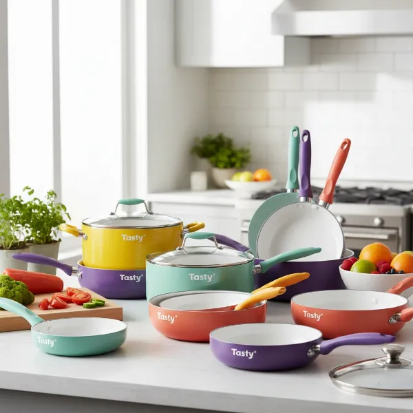 A vibrant collection of Tasty ceramic non-stick pans in various sizes and fun colors, showcasing their diverse range.