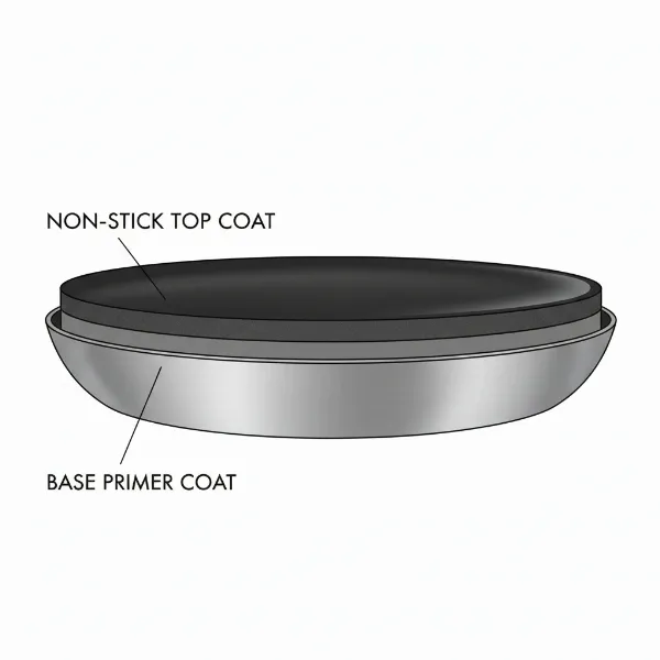 Illustration of a 2-layer non-stick pan coating system with primer and topcoat.