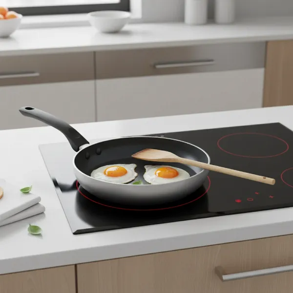 A Zwilling Madura Plus non-stick pan on an induction stovetop, frying eggs with a wooden spatula. The pan has an elegant ombre gray exterior and a comfortable, cool-touch handle. The setting is a modern kitchen with soft, natural lighting, highlighting the pan's sleek Italian design.